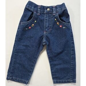 Y2K Lee Baby Girl Denim Jeans Floral Embroidery 18M Elastic Waist Blue